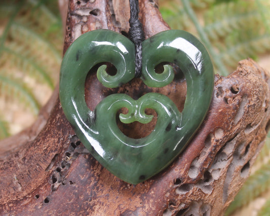 Heart with Koru carved from Hapopo Pounamu - NZ Greenstone