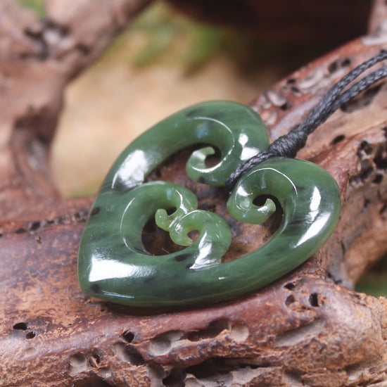 Heart with Koru carved from Hapopo Pounamu - NZ Greenstone