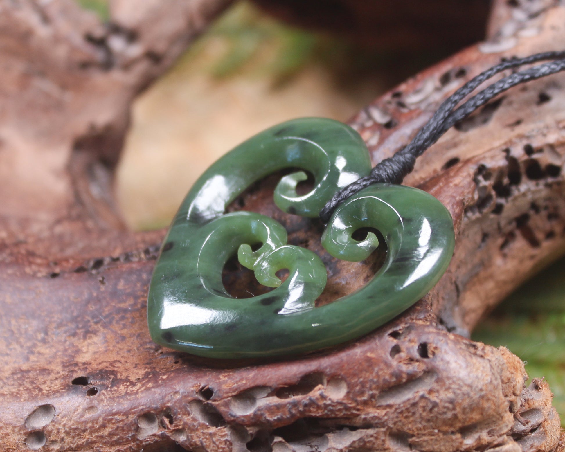 Heart with Koru carved from Hapopo Pounamu - NZ Greenstone