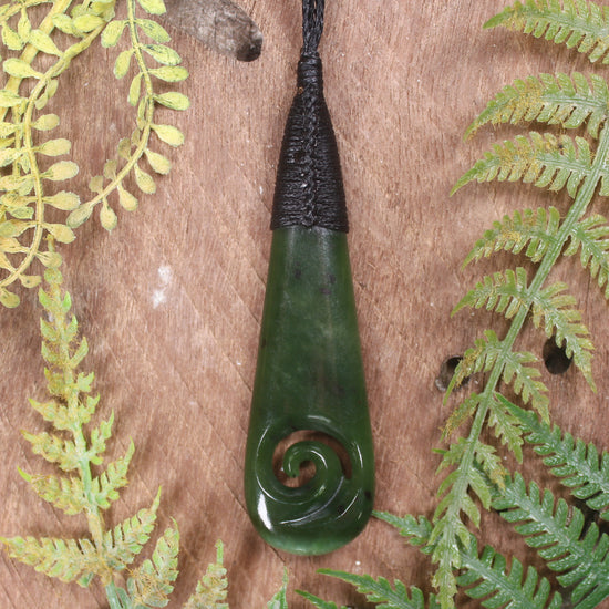 Roimata or Teardop with Koru carved from Kawakawa Pounamu - NZ Greenstone