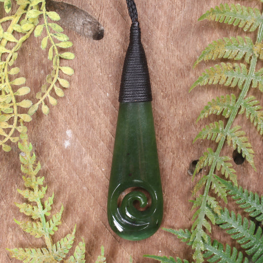 Roimata or Teardop with Koru carved from Kawakawa Pounamu - NZ Greenstone