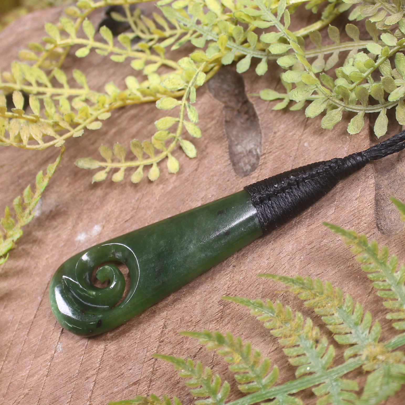 Roimata or Teardop with Koru carved from Kawakawa Pounamu - NZ Greenstone
