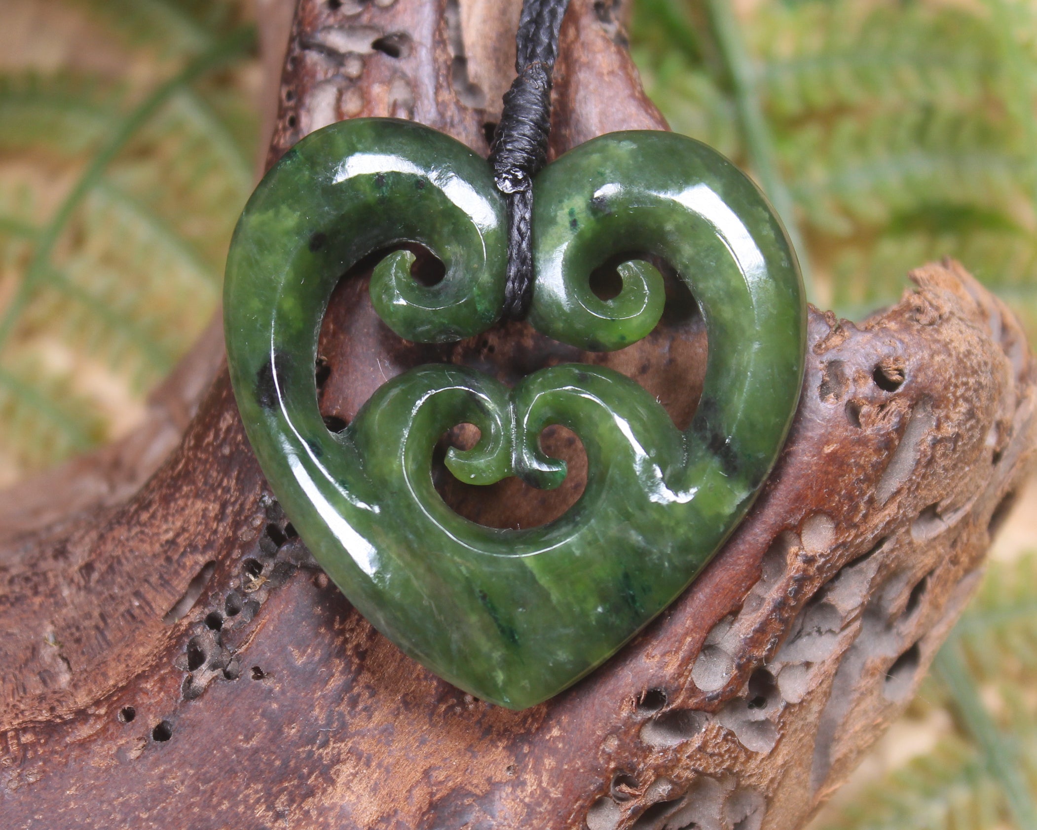 Heart with Koru carved from Rimu Pounamu - NZ Greenstone