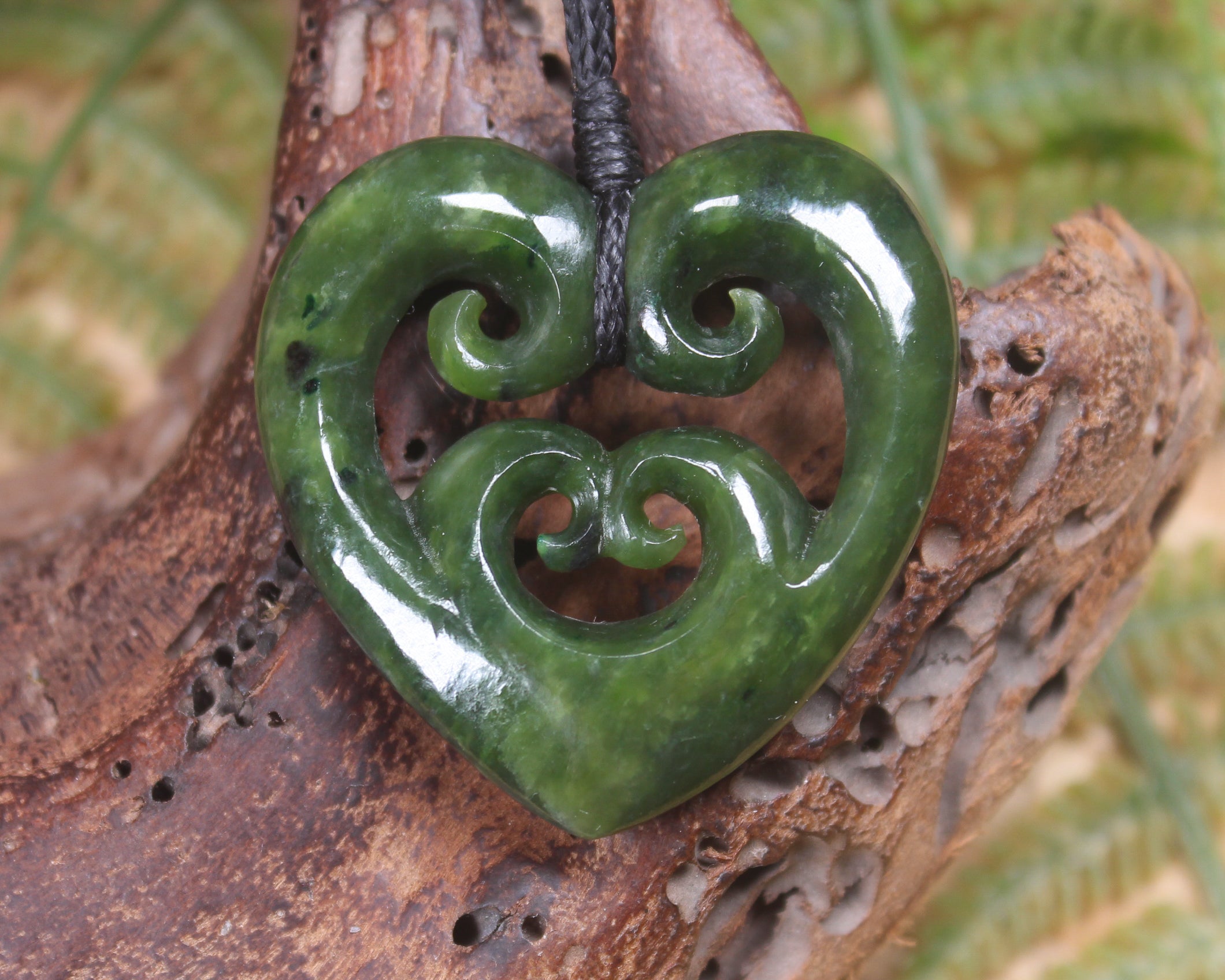 Heart with Koru carved from Rimu Pounamu - NZ Greenstone