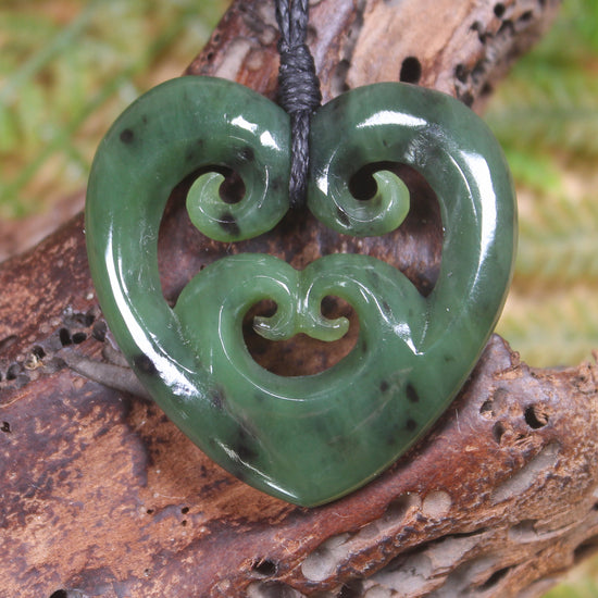 Heart with Koru carved from Hapopo Pounamu - NZ Greenstone