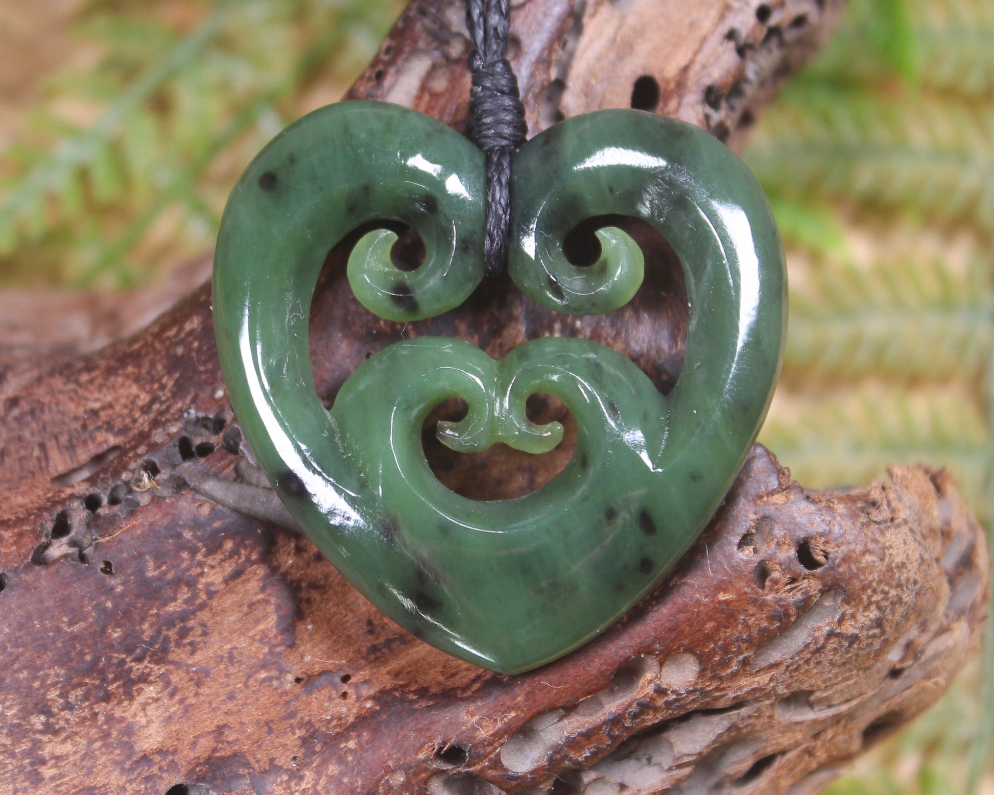 Heart with Koru carved from Hapopo Pounamu - NZ Greenstone