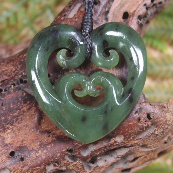 Heart with Koru carved from Hapopo Pounamu - NZ Greenstone