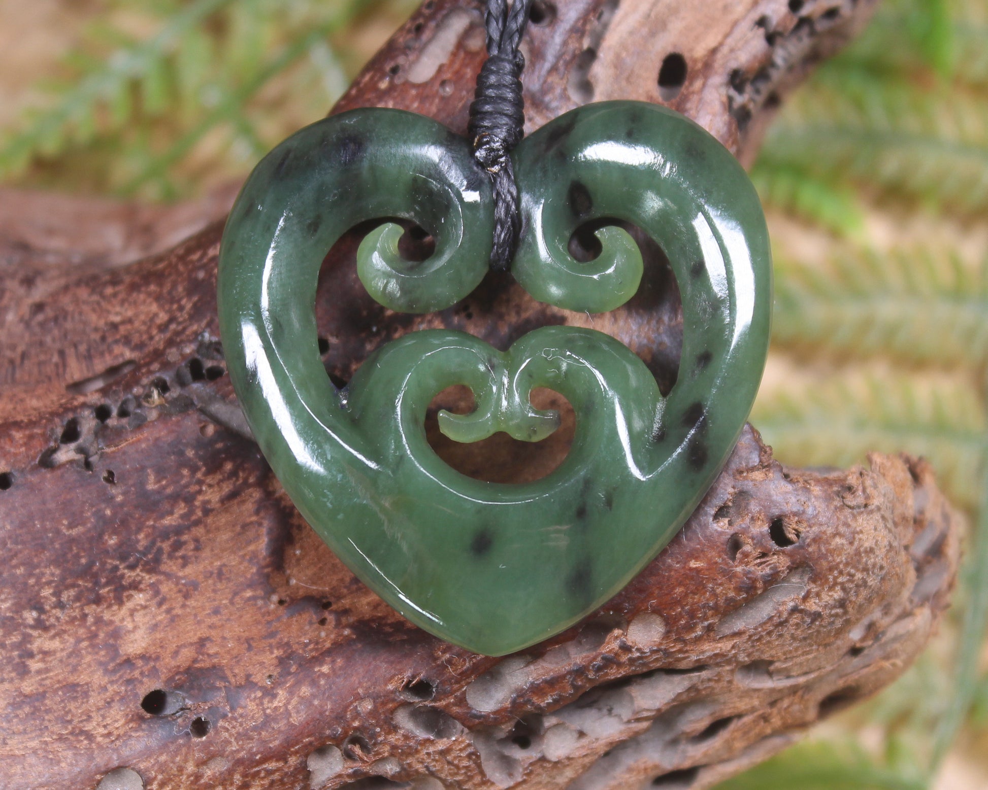 Heart with Koru carved from Hapopo Pounamu - NZ Greenstone