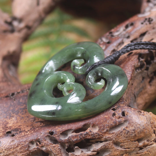 Heart with Koru carved from Hapopo Pounamu - NZ Greenstone