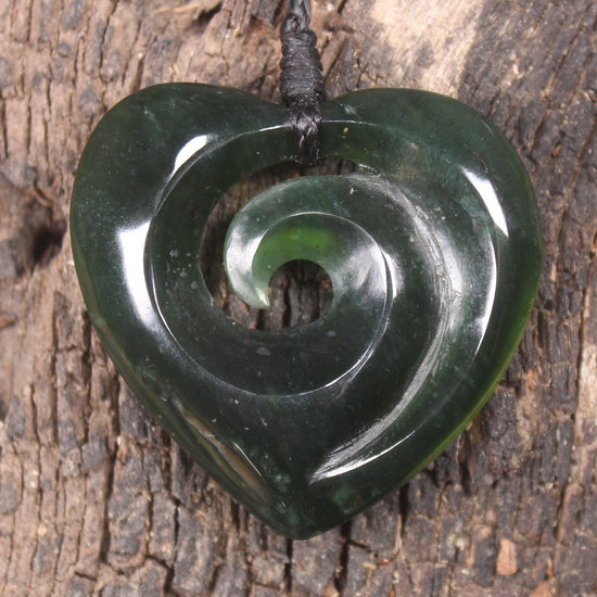 Heart with Koru carved from Tangiwai  Pounamu - NZ Greenstone