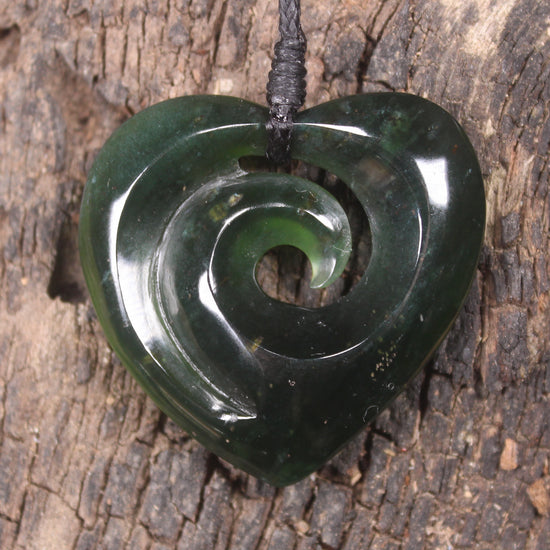 Heart with Koru carved from Tangiwai  Pounamu - NZ Greenstone