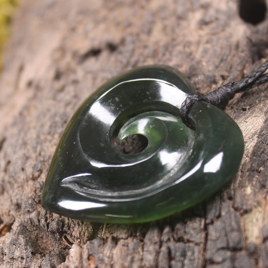 Heart with Koru carved from Tangiwai  Pounamu - NZ Greenstone