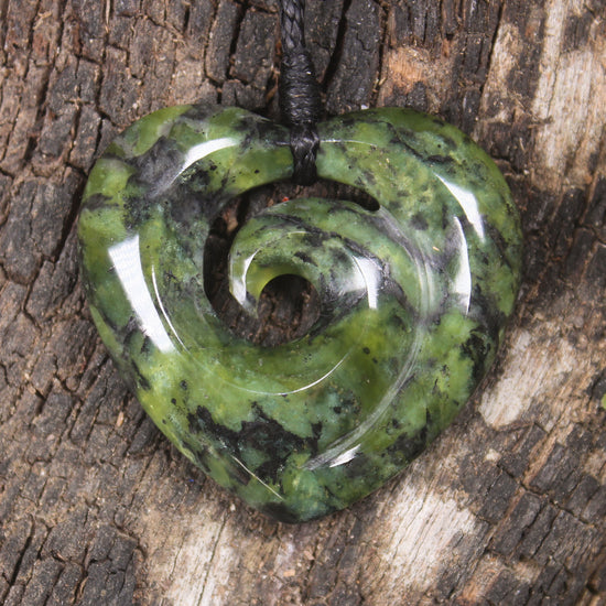 Heart with Koru carved from Douglas Creek Pounamu - NZ Greenstone