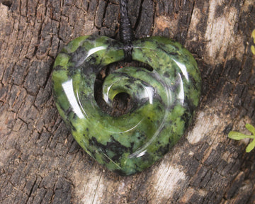 Heart with Koru carved from Douglas Creek Pounamu - NZ Greenstone