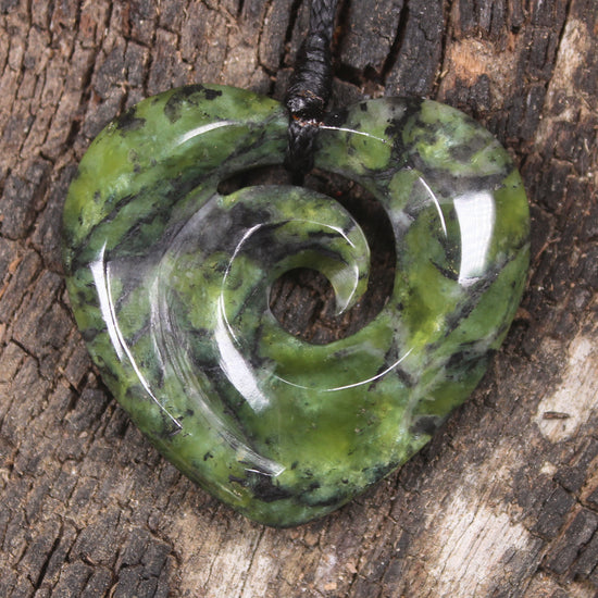 Heart with Koru carved from Douglas Creek Pounamu - NZ Greenstone