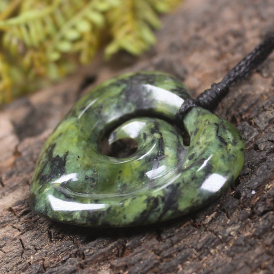 Heart with Koru carved from Douglas Creek Pounamu - NZ Greenstone