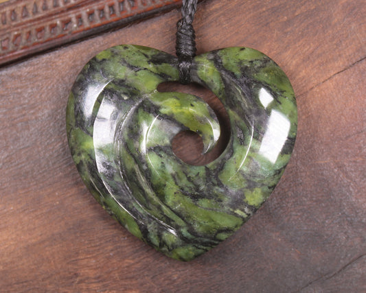 Heart with Koru carved from Douglas Creek Pounamu - NZ Greenstone