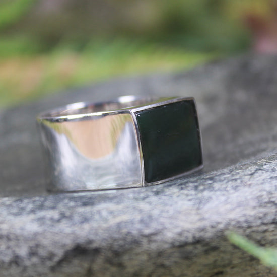 Sterling Silver Kawakawa Pounamu Ring - NZ Greenstone