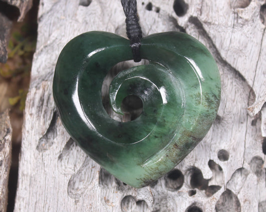 Heart with Koru carved from Kawakawa Pounamu - NZ Greenstone