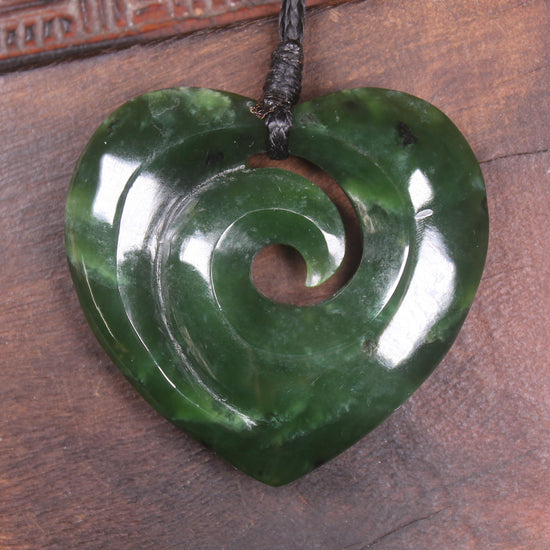 Heart with Koru carved from Kawakawa Pounamu - NZ Greenstone