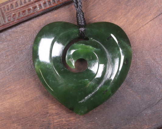 Heart with Koru carved from Kawakawa Pounamu - NZ Greenstone