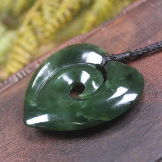 Heart with Koru carved from Kawakawa Pounamu - NZ Greenstone