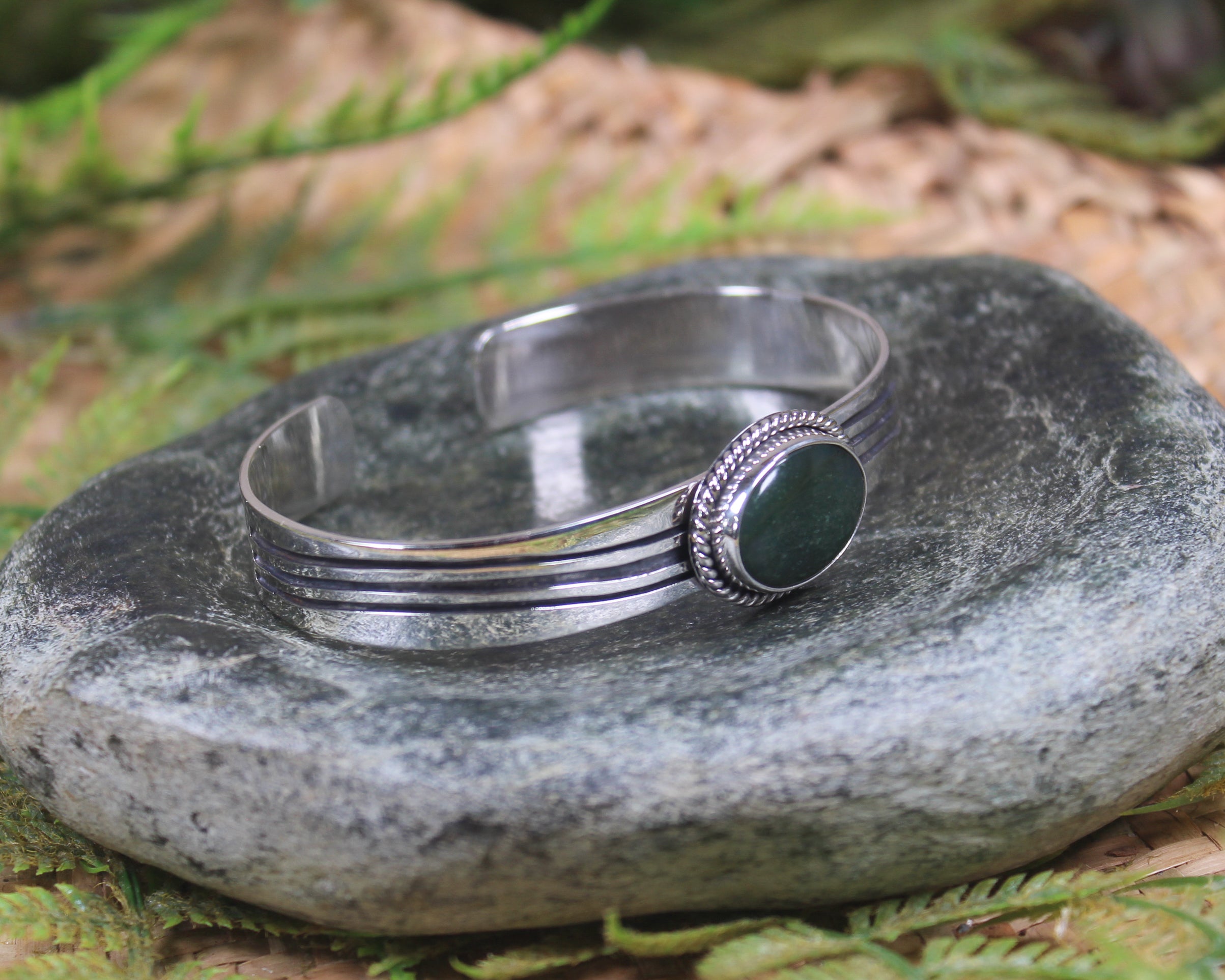 Sterling Silver Cuff Bangle with Pounamu