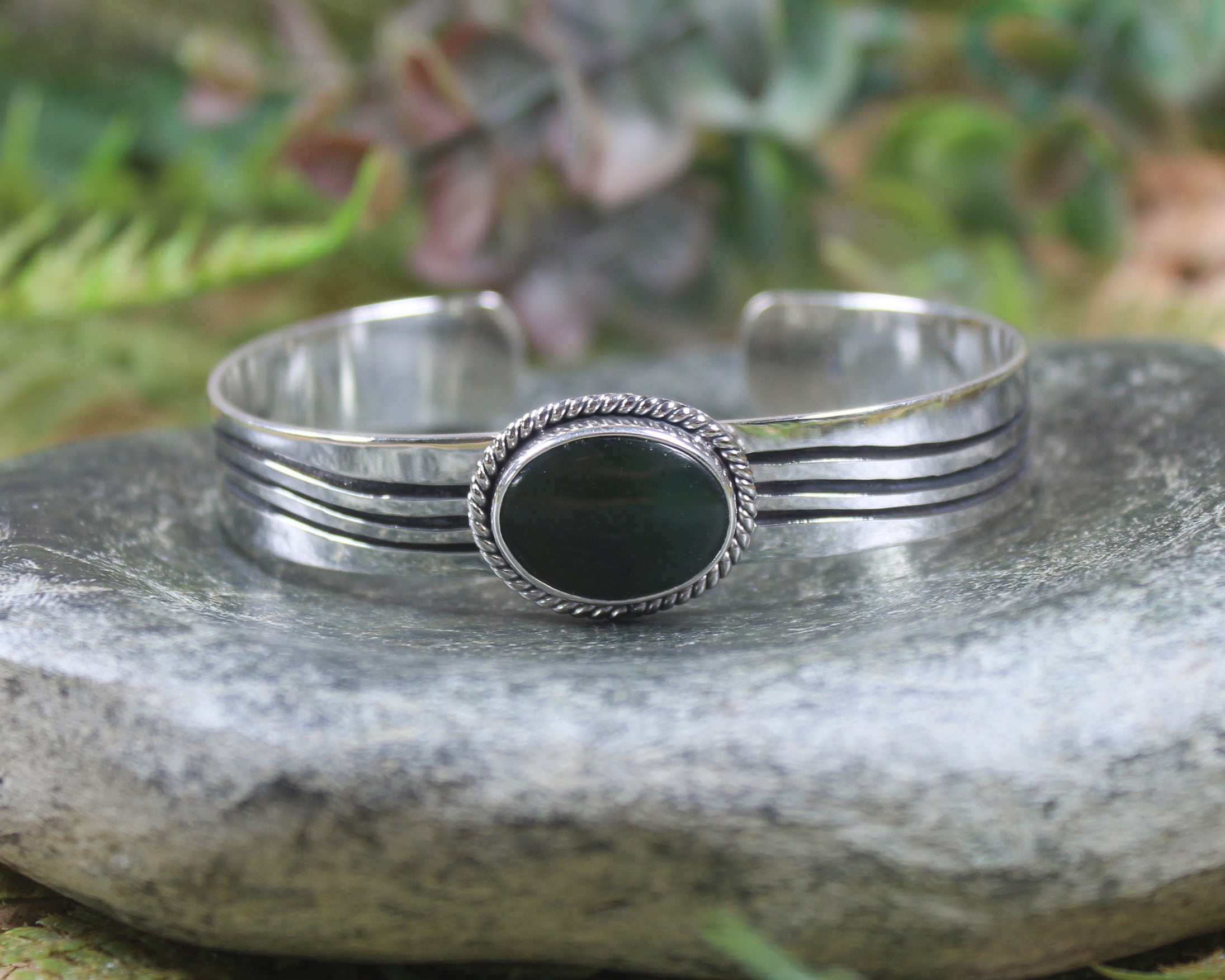 Sterling Silver Cuff Bangle with Pounamu