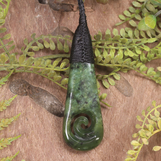 Roimata or Teardop with Koru carved from Rimu Pounamu - NZ Greenstone