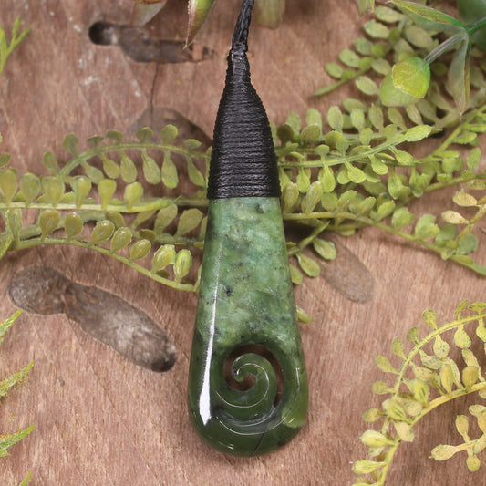 Roimata or Teardop with Koru carved from Rimu Pounamu - NZ Greenstone