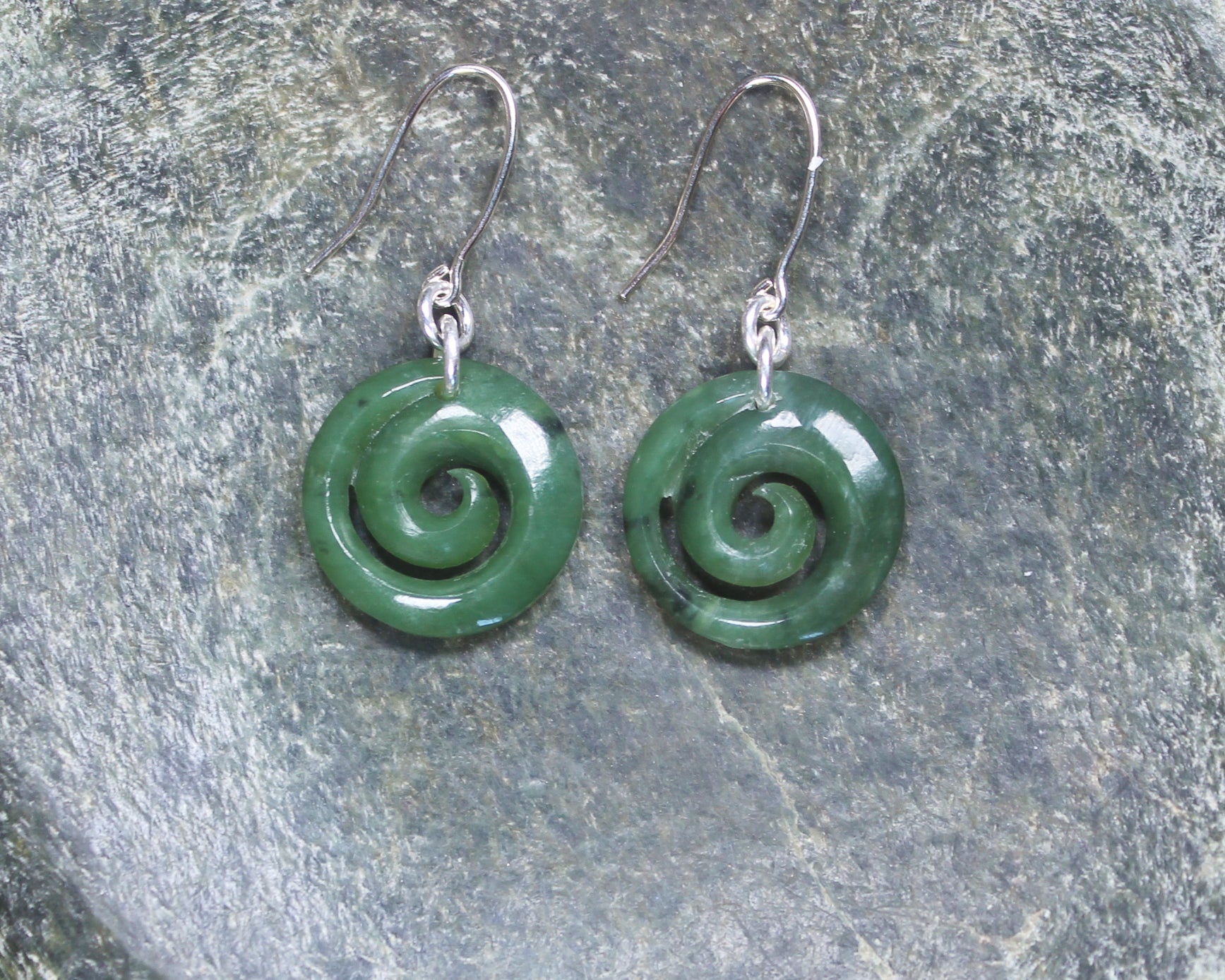 Koru Earrings carved from Hapopo Pounamu - NZ Greenstone