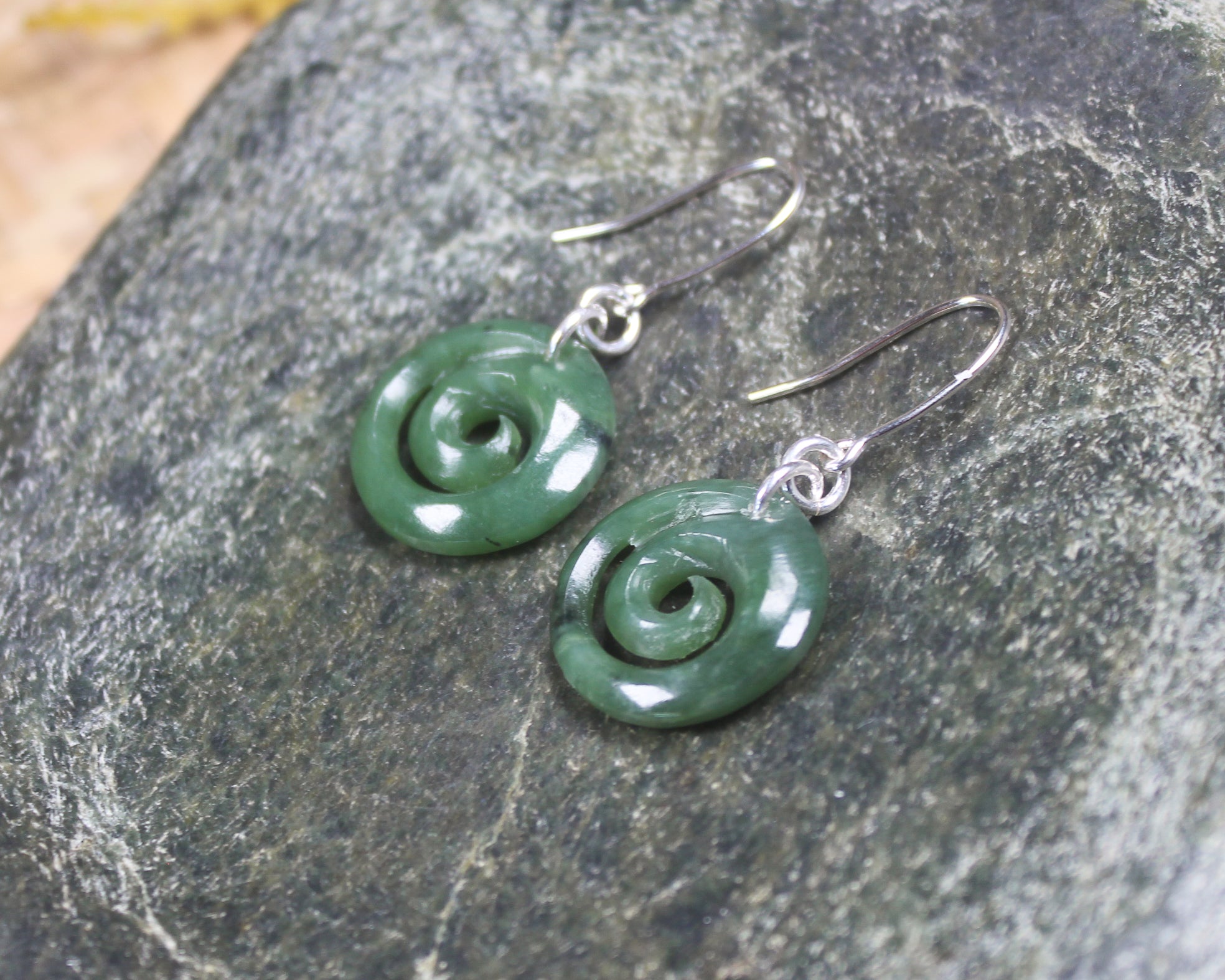 Koru Earrings carved from Hapopo Pounamu - NZ Greenstone