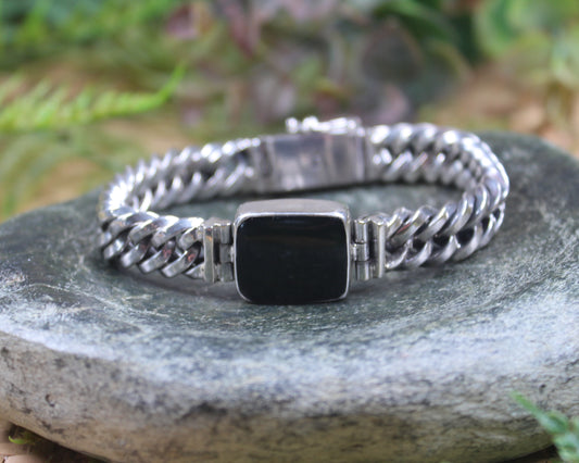 Kawakawa Pounamu Sterling Silver chain bracelet - NZ Greenstone