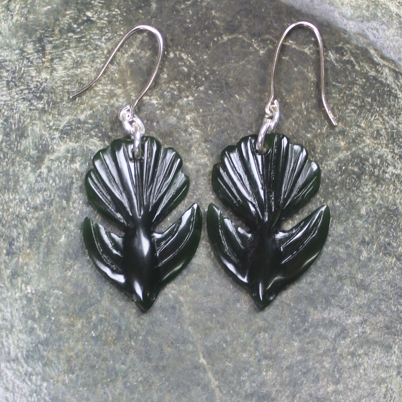 Pīwakawaka or Fantail Bird Earrings carved from Kawakawa Pounamu - NZ Greenstone