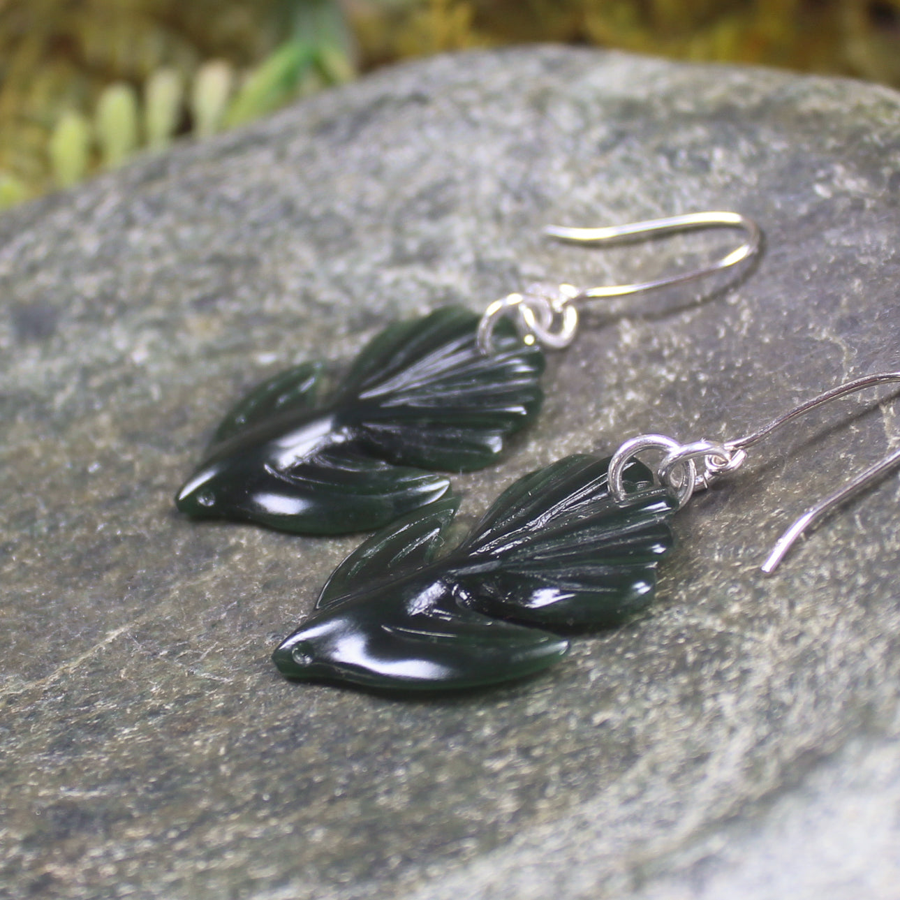 Pīwakawaka or Fantail Bird Earrings carved from Kawakawa Pounamu - NZ Greenstone
