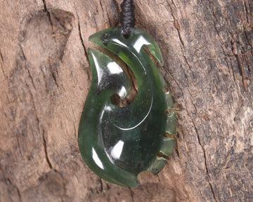 Hei Matau or Fish Hook carved from Tangiwai Pounamu - NZ Greenstone