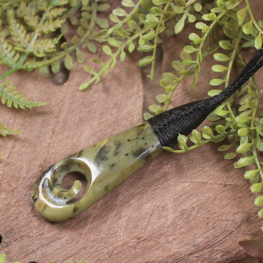 Roimata or Teardop with Koru carved from Rimu Pounamu - NZ Greenstone