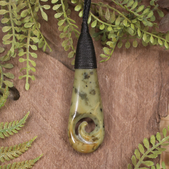 Roimata or Teardop with Koru carved from Rimu Pounamu - NZ Greenstone