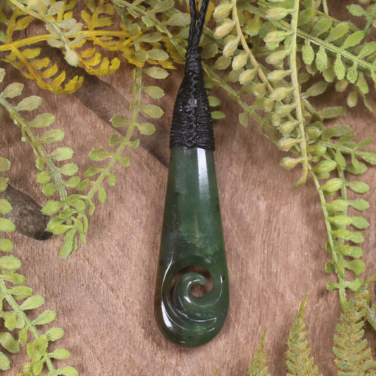 Roimata or Teardrop with Koru carved from Kawakawa Pounamu - NZ Greenstone