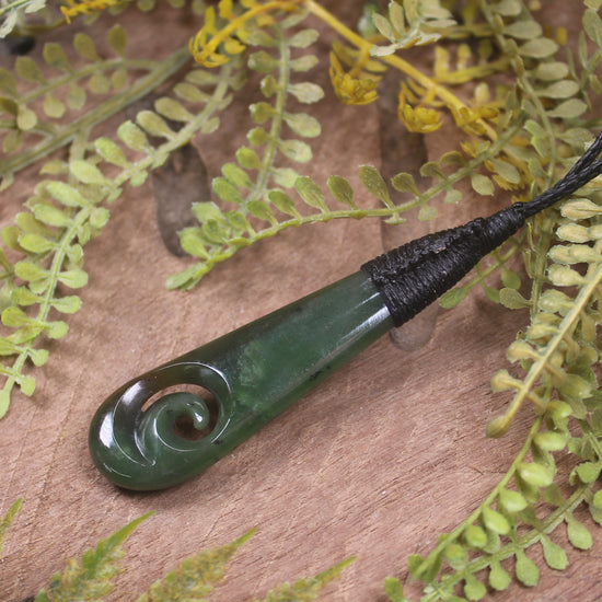 Roimata or Teardrop with Koru carved from Kawakawa Pounamu - NZ Greenstone