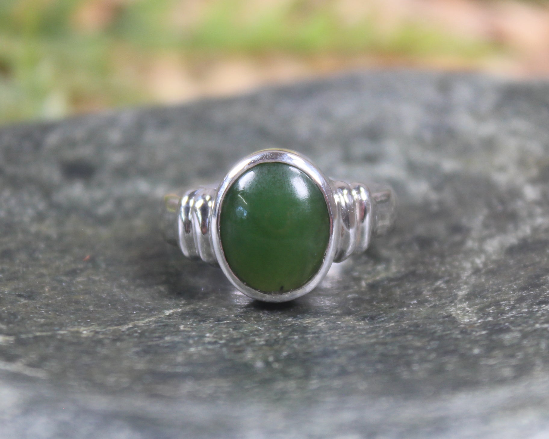 Sterling Silver Kawakawa Pounamu Ring - NZ Greenstone