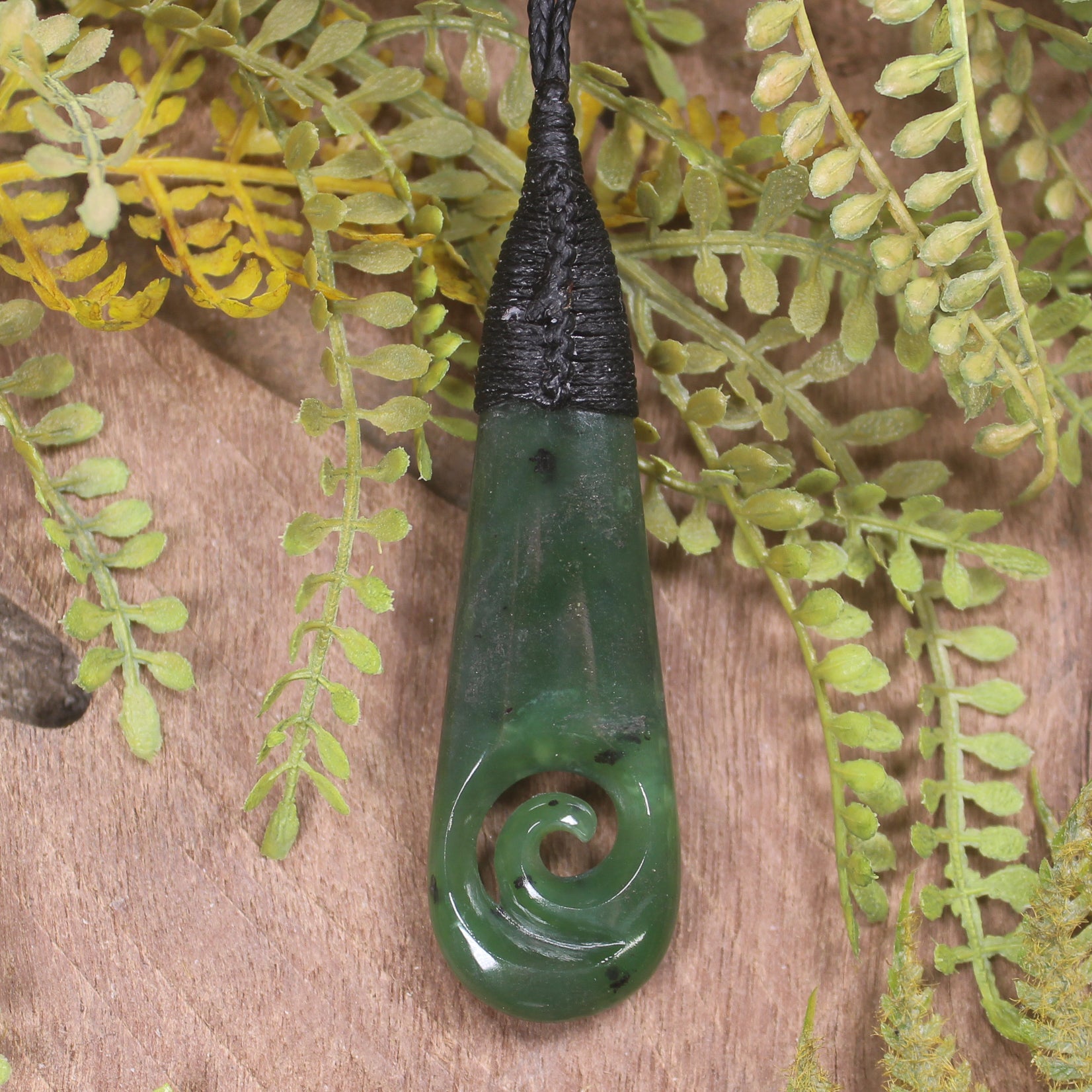 Roimata or Teardrop with Koru carved from Kawakawa Pounamu - NZ Greenstone
