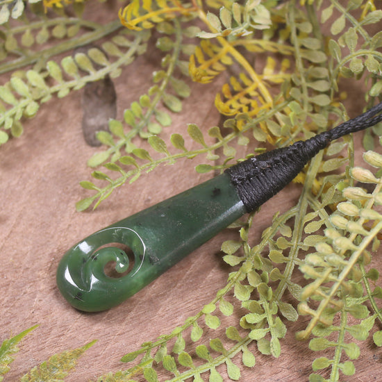 Roimata or Teardrop with Koru carved from Kawakawa Pounamu - NZ Greenstone