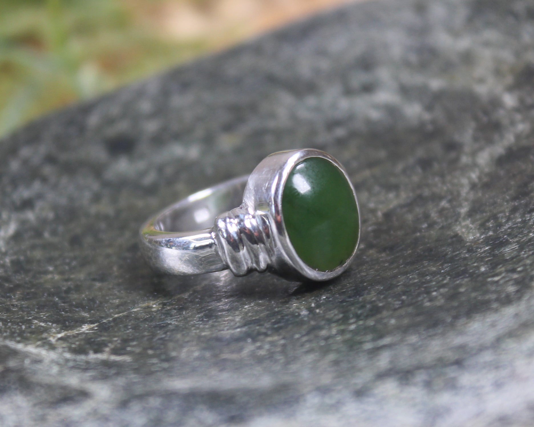 Sterling Silver Kawakawa Pounamu Ring - NZ Greenstone