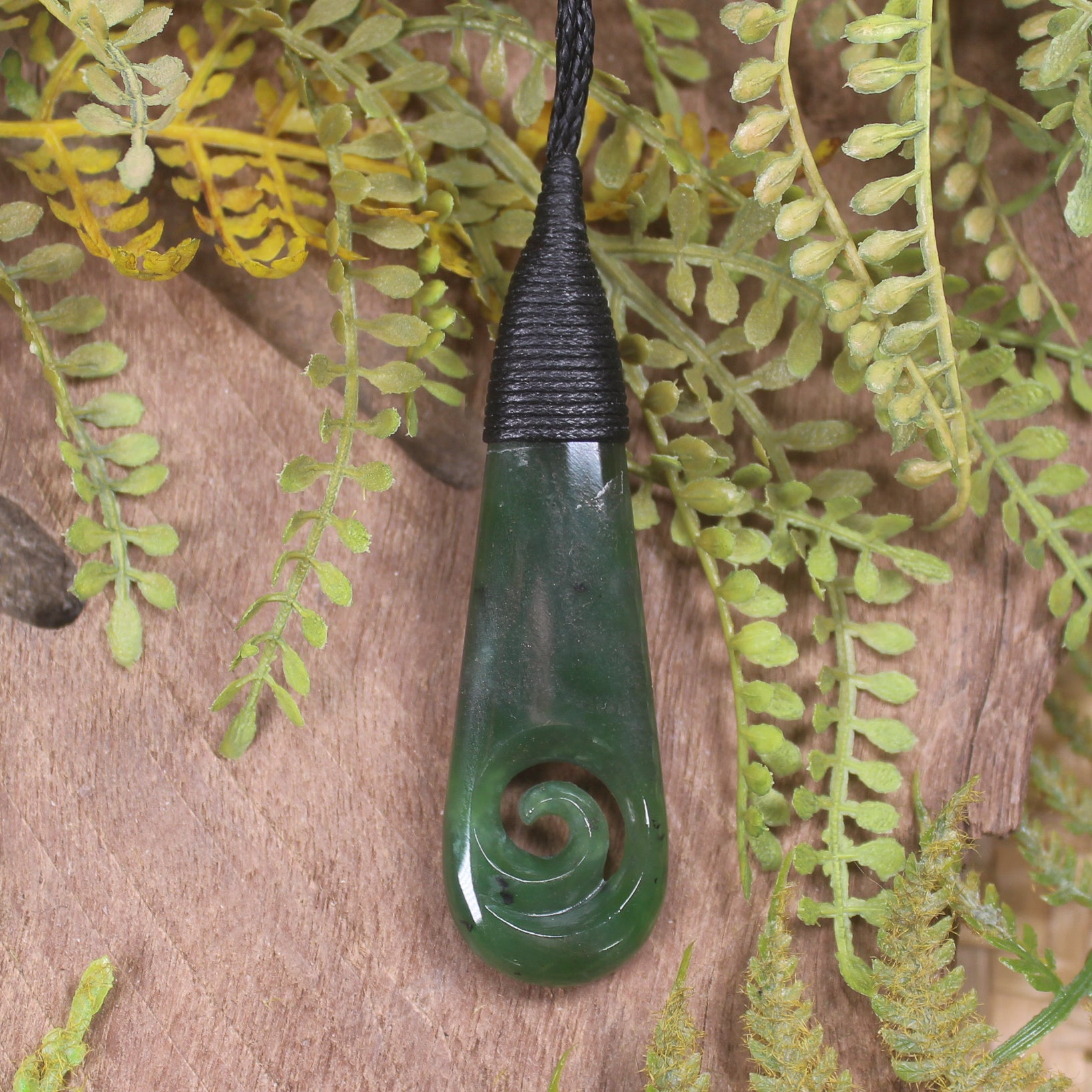 Roimata or Teardrop with Koru carved from Kawakawa Pounamu - NZ Greenstone