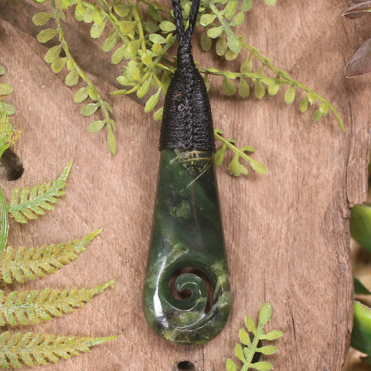 Roimata or Teardop with Koru carved from Rimu Pounamu - NZ Greenstone