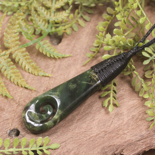 Roimata or Teardop with Koru carved from Rimu Pounamu - NZ Greenstone