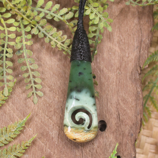 Roimata or Teardrop with Koru carved from Flower Jade Pounamu - NZ Greenstone
