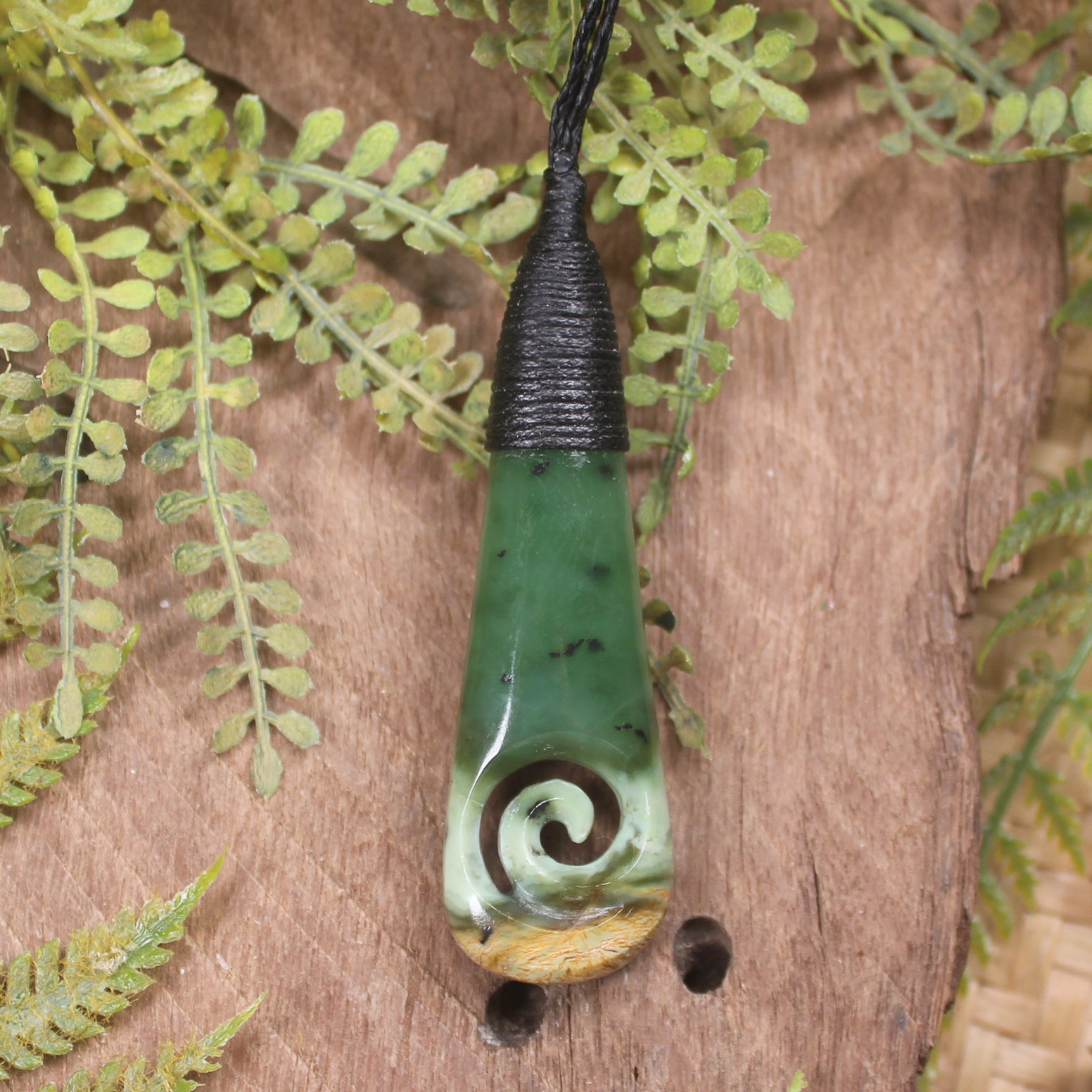 Roimata or Teardrop with Koru carved from Flower Jade Pounamu - NZ Greenstone