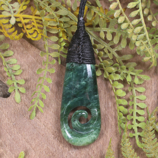 Roimata or Teardrop with Koru carved from Kawakawa Pounamu - NZ Greenstone